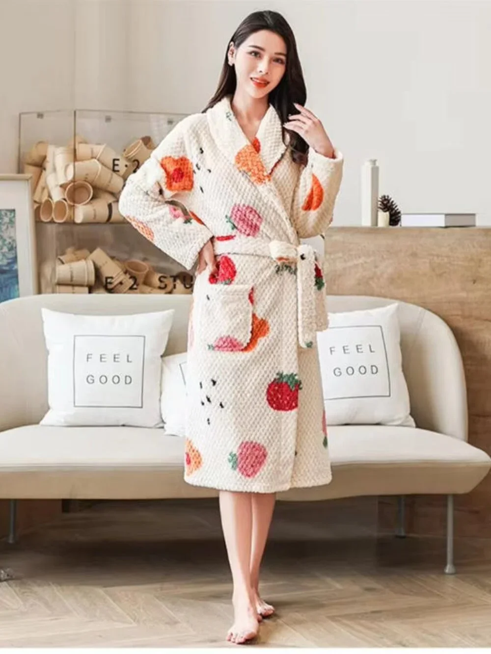 Thicken Women Flannel Kimono Robe, Warm Print Bathrobe With Belt